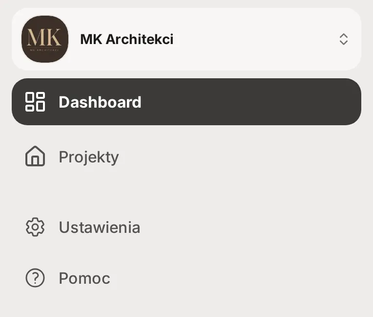 Menu aplikacji na telefonie z nazwą studia MK Architekci i pozycjami Dashboard, Projekty, Ustawienia i Pomoc