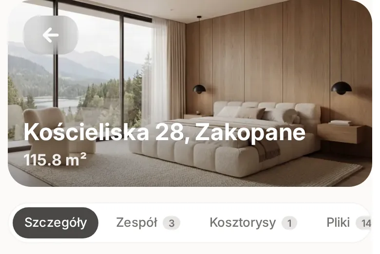 Nagłówek projektu Kościeliska 28, Zakopane na telefonie ze zdjęciem i paskiem zakładek Szczegóły, Zespół, Kosztorysy i Pliki