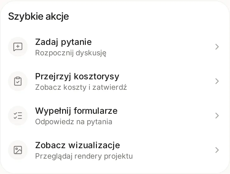 Karta Szybkie akcje z pozycjami Zadaj pytanie, Przejrzyj kosztorysy, Wypełnij formularze i Zobacz wizualizacje