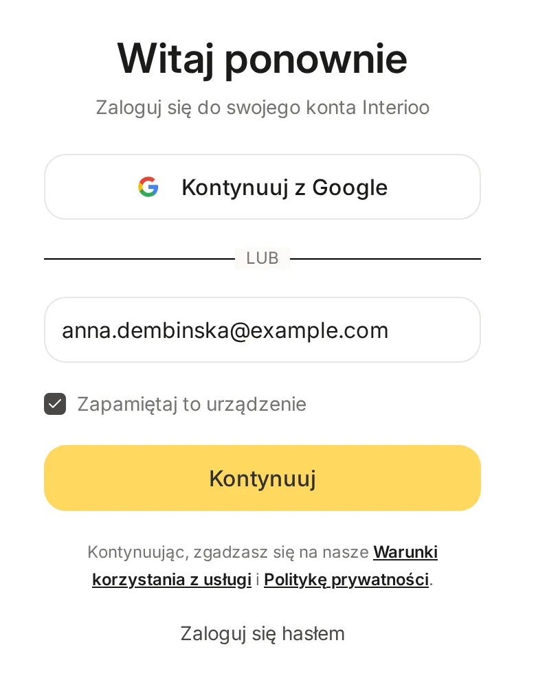 Strona logowania Witaj ponownie na telefonie z przyciskiem Kontynuuj z Google, wpisanym adresem e-mail, zaznaczonym polem Zapamiętaj to urządzenie i przyciskiem Kontynuuj