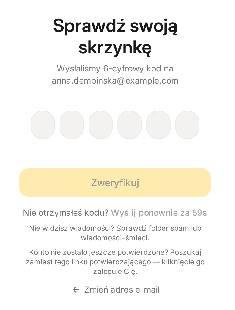 Ekran Sprawdź swoją skrzynkę z sześcioma polami na kod, przyciskiem Zweryfikuj i odliczaniem do ponownego wysłania kodu