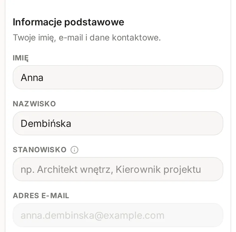 Część Informacje podstawowe z polami Imię Anna, Nazwisko Dembińska, pustym polem Stanowisko i szarym, nieedytowalnym adresem e-mail