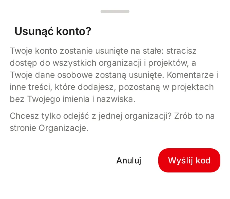Okno Usunąć konto? na telefonie z opisem skutków i przyciskami Anuluj oraz Wyślij kod