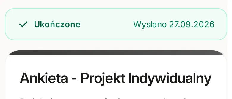Pasek Ukończone z datą Wysłano 27.09.2026 nad formularzem Ankieta - Projekt Indywidualny na telefonie