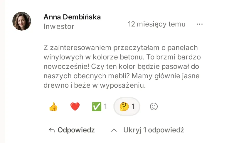 Komentarz inwestorki Anny Dembińskiej z ikoną trzech kropek, reakcjami emoji i przyciskami Odpowiedz oraz Ukryj 1 odpowiedź