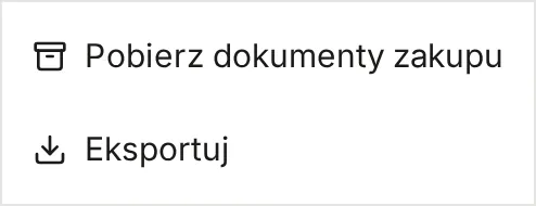 Menu Więcej w nagłówku kosztorysu na telefonie z pozycjami Pobierz dokumenty zakupu i Eksportuj