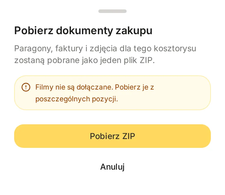 Okno Pobierz dokumenty zakupu na telefonie z informacją, że filmy nie są dołączane, i przyciskiem Pobierz ZIP