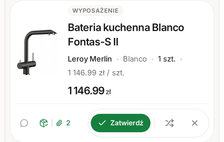 Pozycja Bateria kuchenna Blanco Fontas-S II na telefonie z zieloną ikoną paczki, spinaczem z liczbą 2 i przyciskiem Zatwierdź