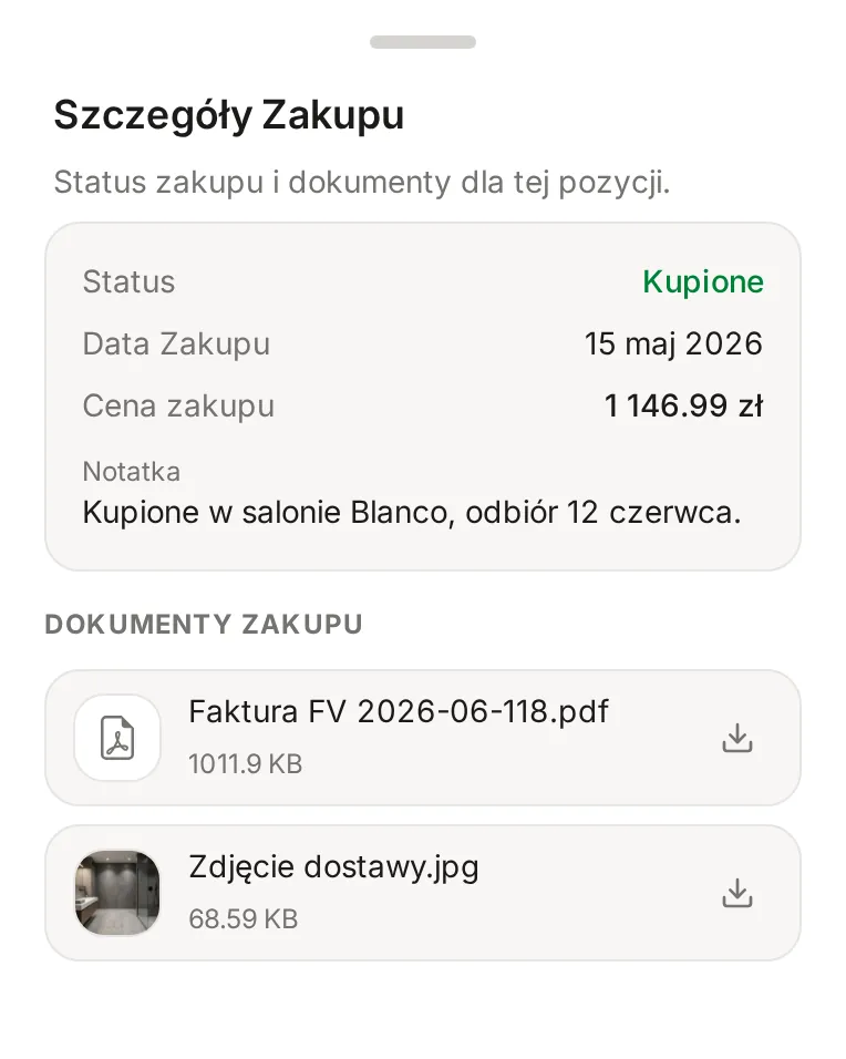 Okno Szczegóły Zakupu na telefonie: status Kupione, data zakupu, cena zakupu 1 146,99 zł, notatka od studia oraz dokumenty Faktura FV 2026-06-118.pdf i Zdjęcie dostawy.jpg z ikonami pobierania