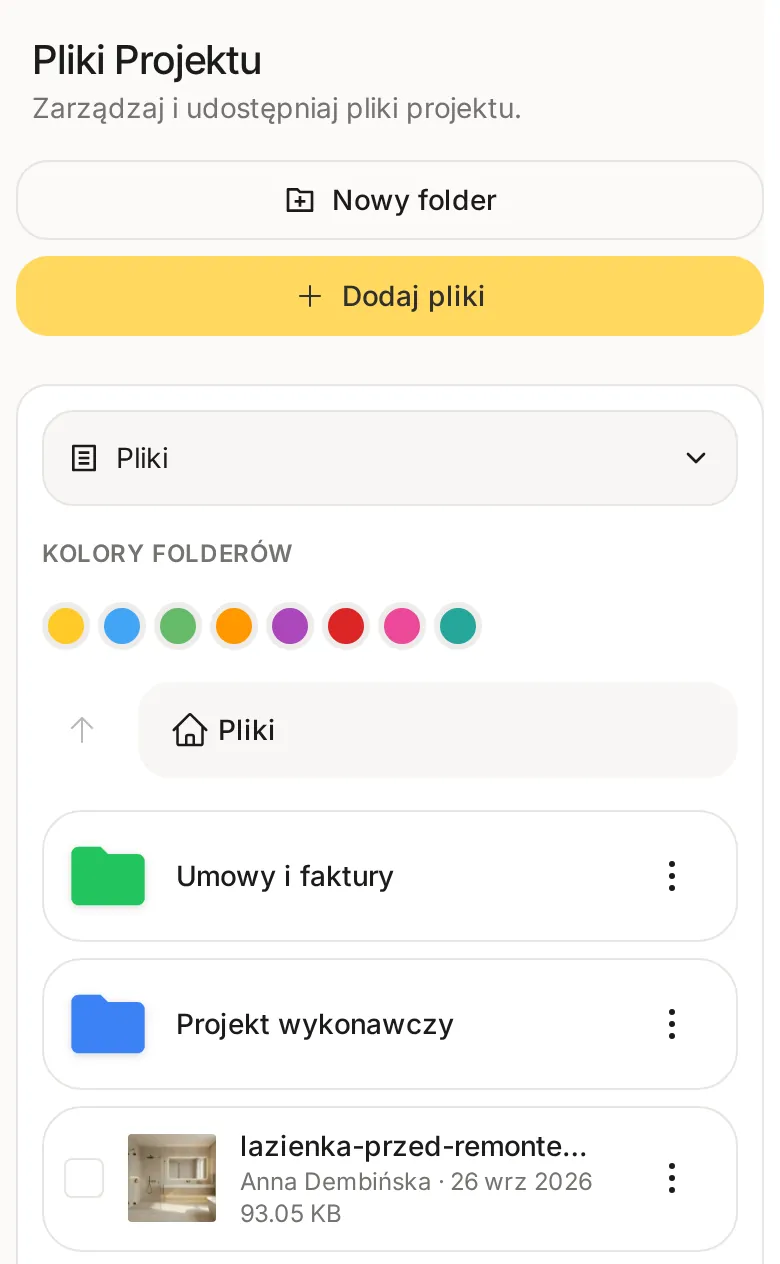 Zakładka Pliki na telefonie: nagłówek Pliki Projektu, przyciski Nowy folder i Dodaj pliki, foldery Umowy i faktury oraz Projekt wykonawczy i plik dodany przez inwestora