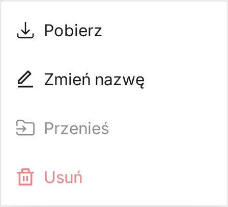 Menu pliku dodanego przez inwestora na telefonie: Pobierz, Zmień nazwę, nieaktywne Przenieś i nieaktywne Usuń