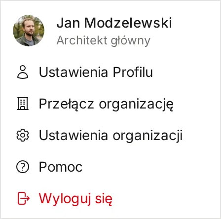 Menu użytkownika z pozycjami Ustawienia Profilu, Przełącz organizację, Ustawienia organizacji, Pomoc i Wyloguj się