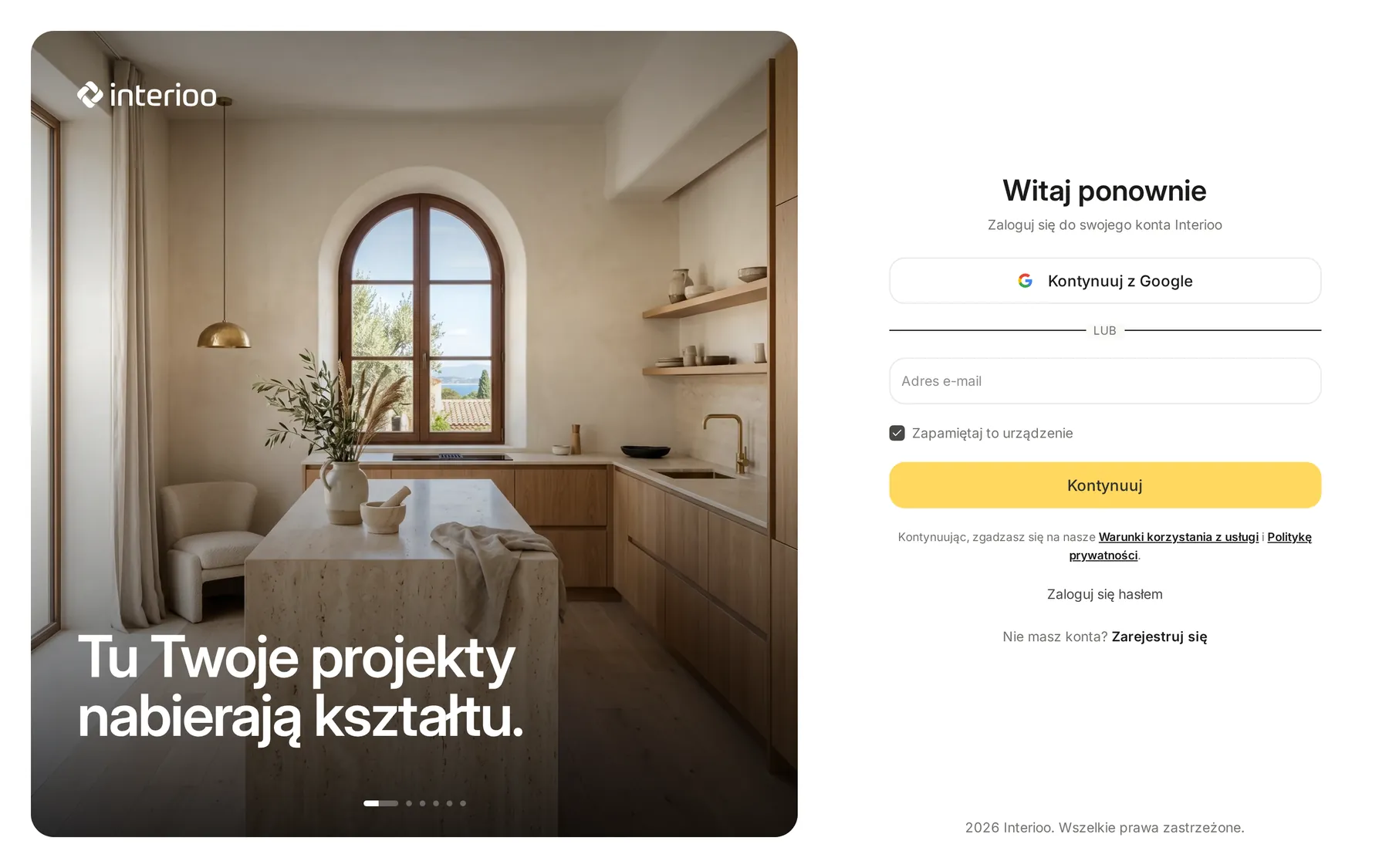 Strona logowania Interioo z polem adresu e-mail i przyciskiem Kontynuuj z Google