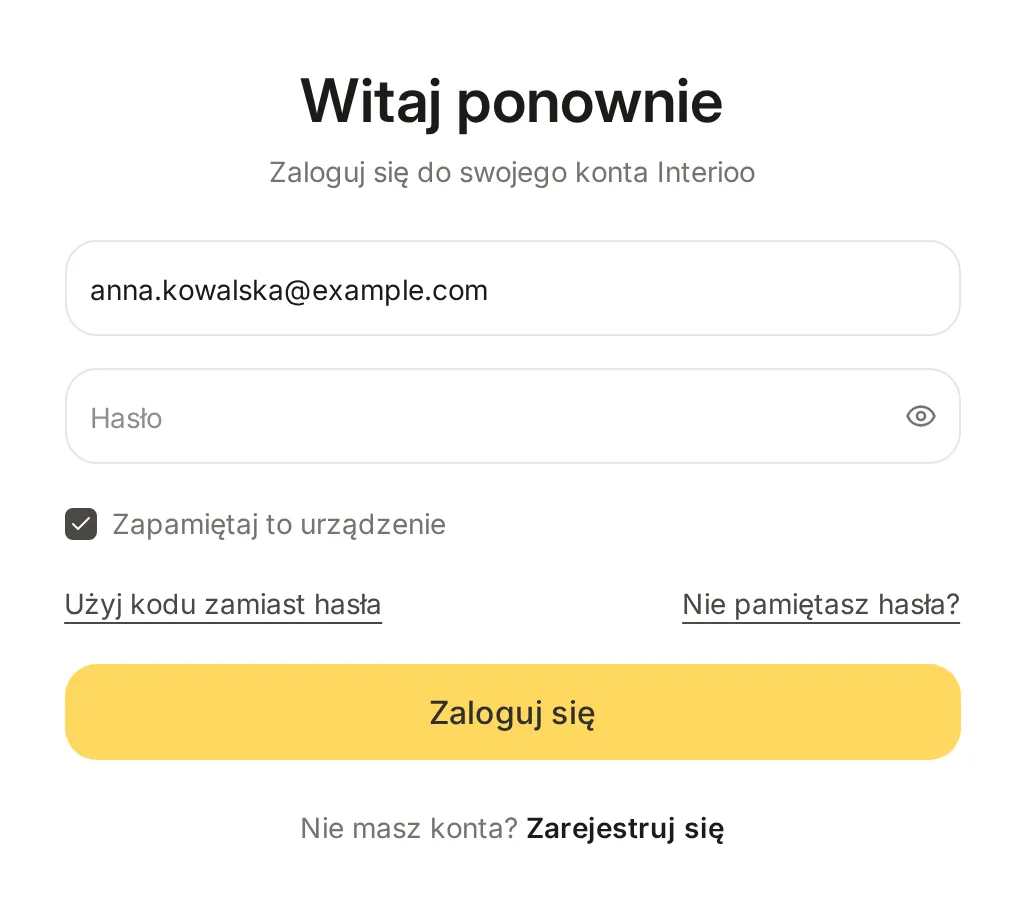 Krok logowania hasłem z polem hasła i linkiem Użyj kodu zamiast hasła