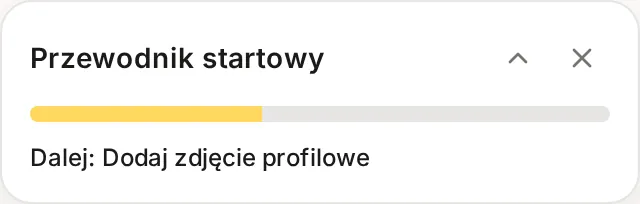Zwinięta karta Przewodnik startowy z paskiem postępu i podpowiedzią Dalej: Dodaj zdjęcie profilowe