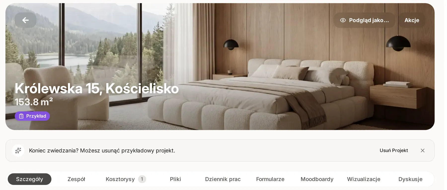 Nagłówek przykładowego projektu Królewska 15, Kościelisko z etykietą Przykład, przyciskami Podgląd jako… i Akcje oraz podpowiedzią Koniec zwiedzania? Możesz usunąć przykładowy projekt z przyciskiem Usuń Projekt