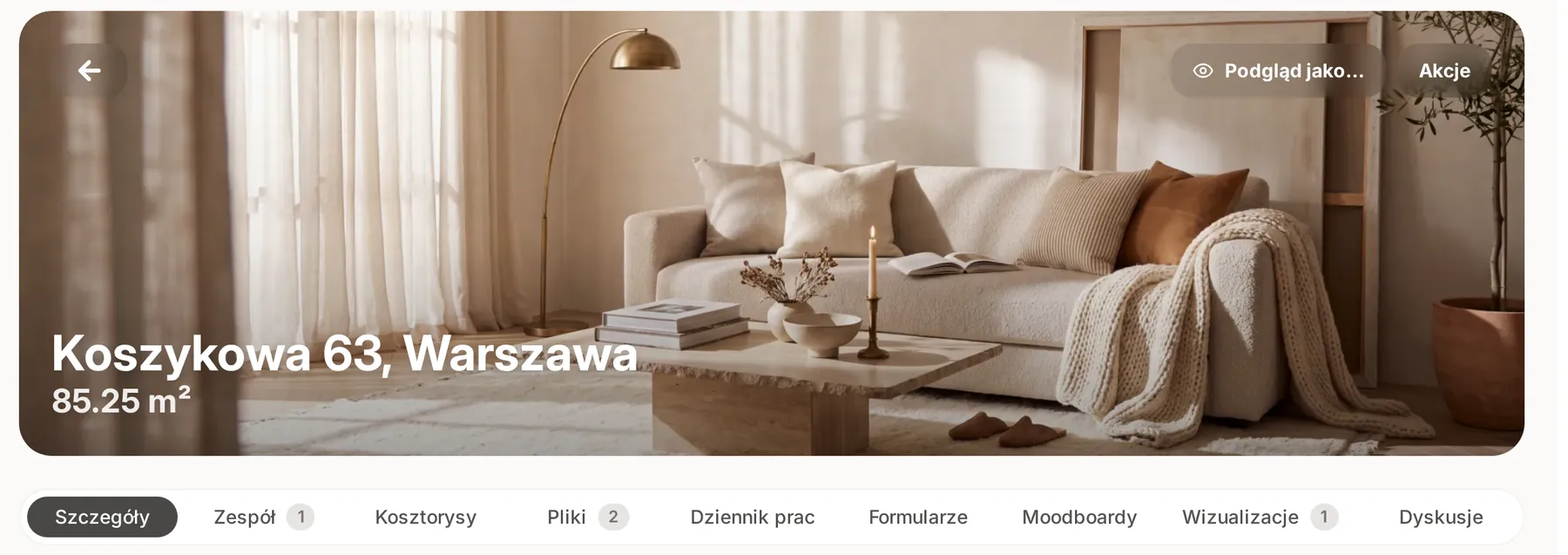 Nagłówek projektu Koszykowa 63, Warszawa ze zdjęciem, przyciskami Podgląd jako… i Akcje oraz rzędem zakładek od Szczegóły do Dyskusje