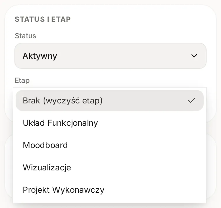 Karta Status i Etap w trybie edycji: Status ustawiony na Aktywny i rozwinięta lista Etap z opcjami Brak (wyczyść etap), Układ Funkcjonalny, Moodboard, Wizualizacje i Projekt Wykonawczy