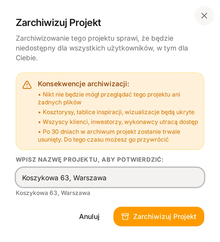 Okno Zarchiwizuj Projekt z listą konsekwencji archiwizacji, w tym trwałym usunięciem po 30 dniach w archiwum, wpisaną nazwą projektu Koszykowa 63, Warszawa i aktywnym przyciskiem Zarchiwizuj Projekt