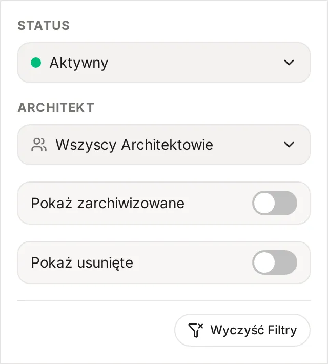 Panel Filtry na liście projektów z filtrami Status i Architekt oraz przełącznikami Pokaż zarchiwizowane i Pokaż usunięte
