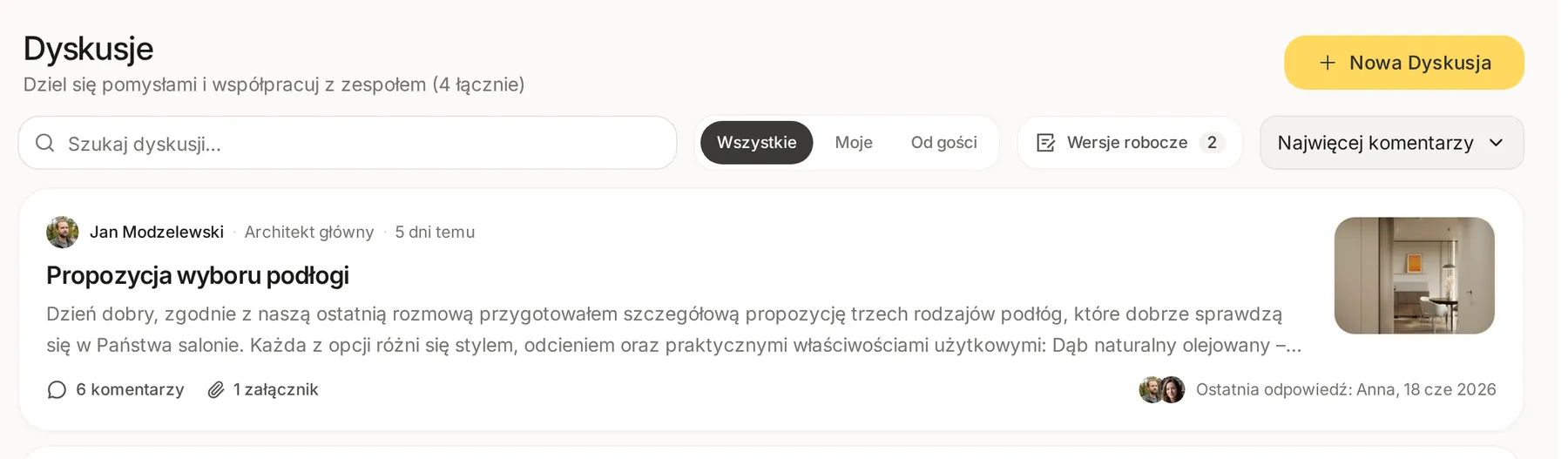 Zakładka Dyskusje z wyszukiwarką, filtrem Wszystkie, Moje, Od gości, przyciskiem Wersje robocze 2 i sortowaniem Najwięcej komentarzy nad wpisem Propozycja wyboru podłogi
