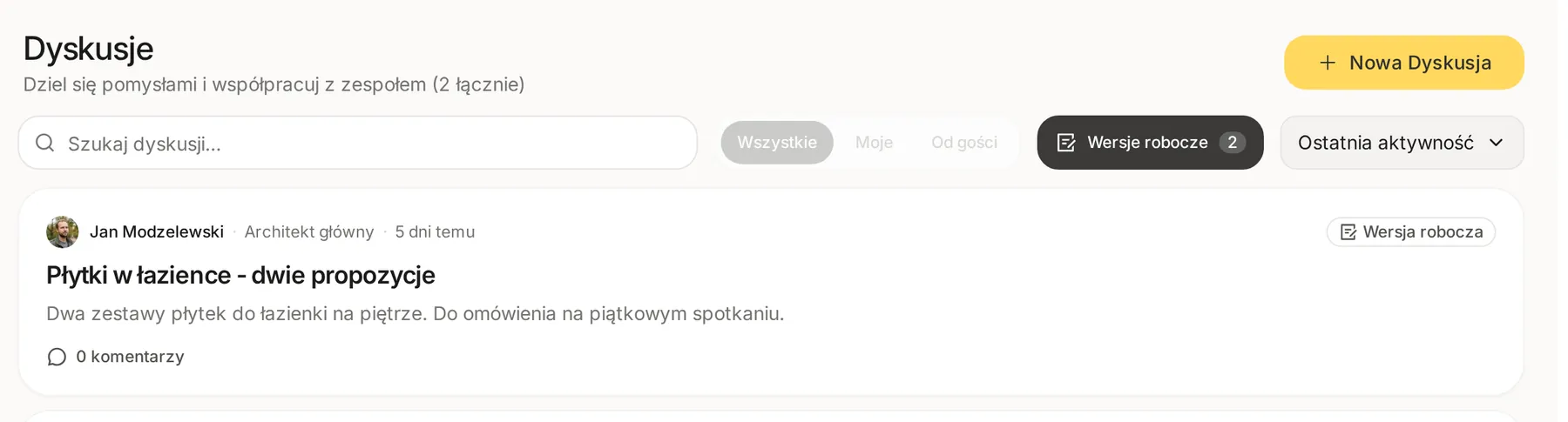 Widok Wersje robocze z wpisem Płytki w łazience - dwie propozycje oznaczonym jako Wersja robocza