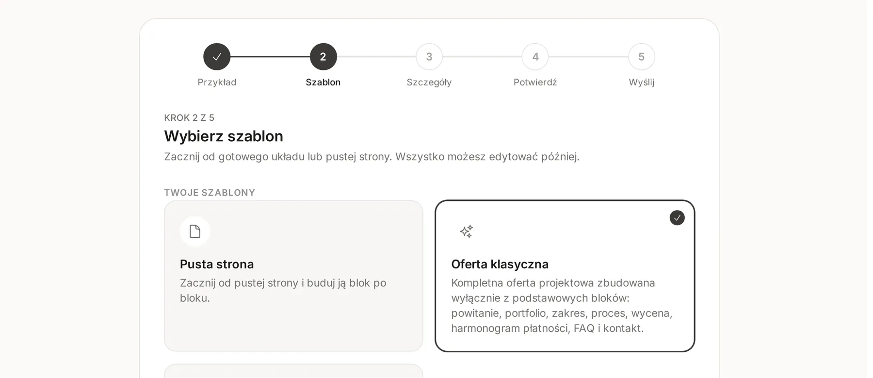 Krok Szablon kreatora oferty z wybranym szablonem Oferta klasyczna obok opcji Pusta strona
