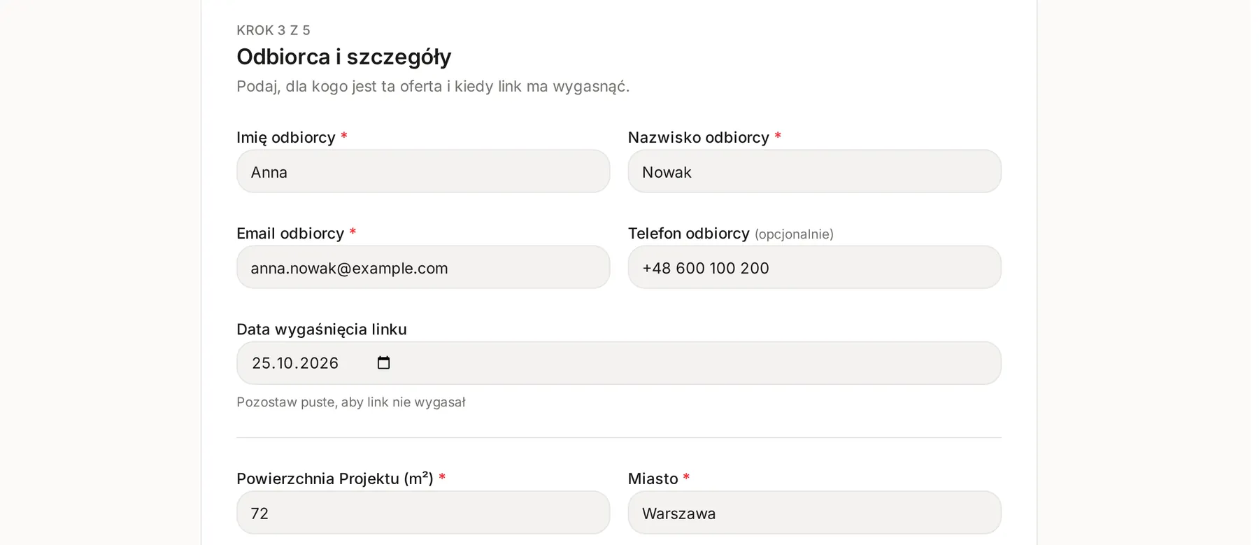 Krok Szczegóły kreatora oferty z danymi odbiorczyni Anny Nowak, datą wygaśnięcia linku, powierzchnią 72 m² i miastem Warszawa