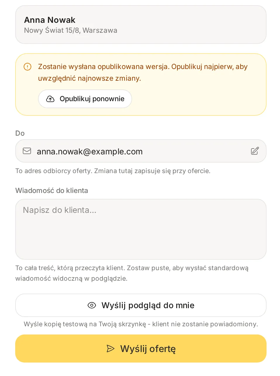 Formularz wysyłki oferty z ostrzeżeniem Zostanie wysłana opublikowana wersja i przyciskami Wyślij podgląd do mnie oraz Wyślij ofertę