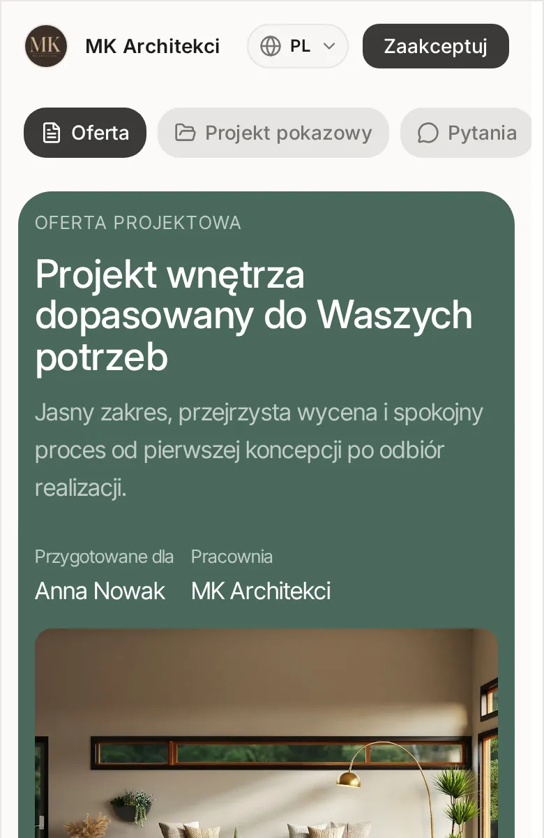 Oferta na telefonie z logo studia, przyciskiem Zaakceptuj i zakładkami Oferta, Projekt pokazowy i Pytania