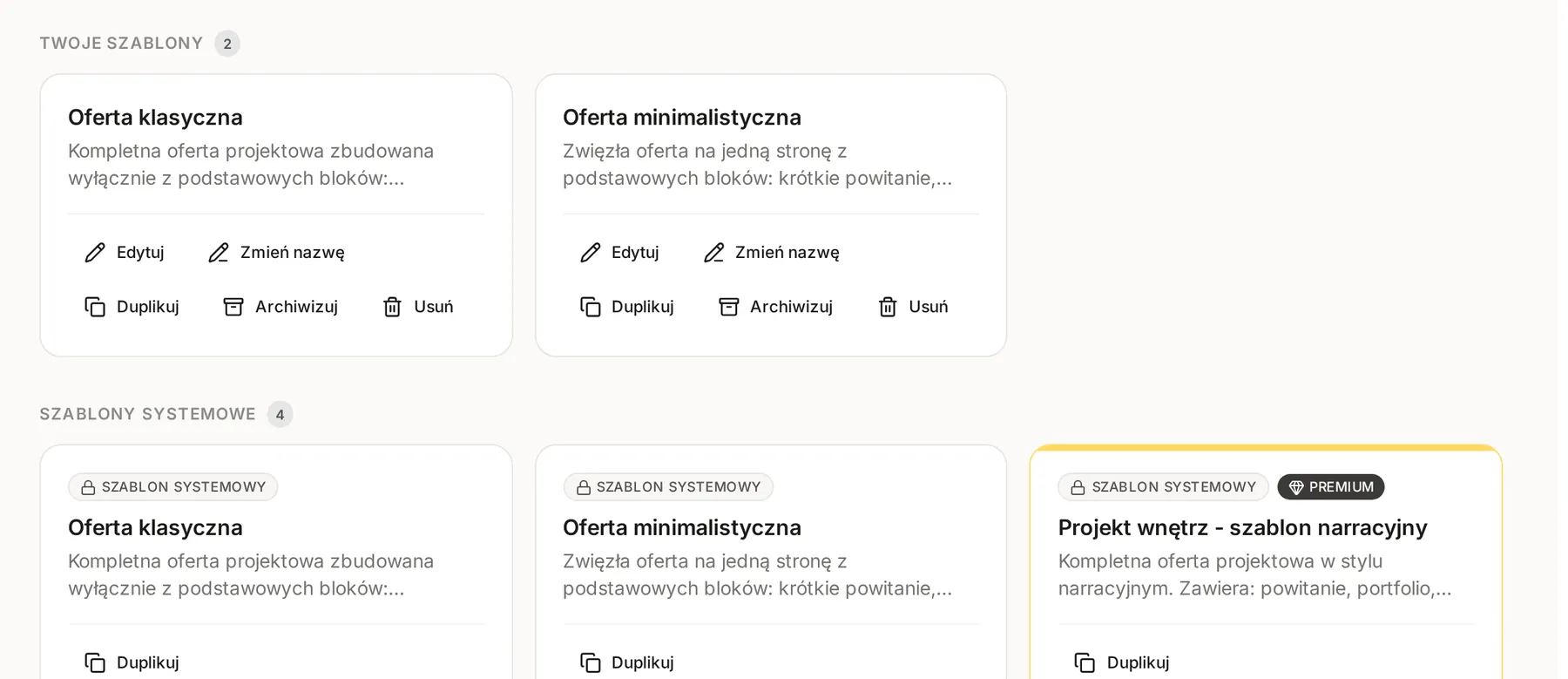Strona Szablony ofert z grupą Twoje szablony (przyciski Edytuj, Zmień nazwę, Duplikuj, Archiwizuj, Usuń) i grupą Szablony systemowe z oznaczeniami Szablon systemowy i Premium