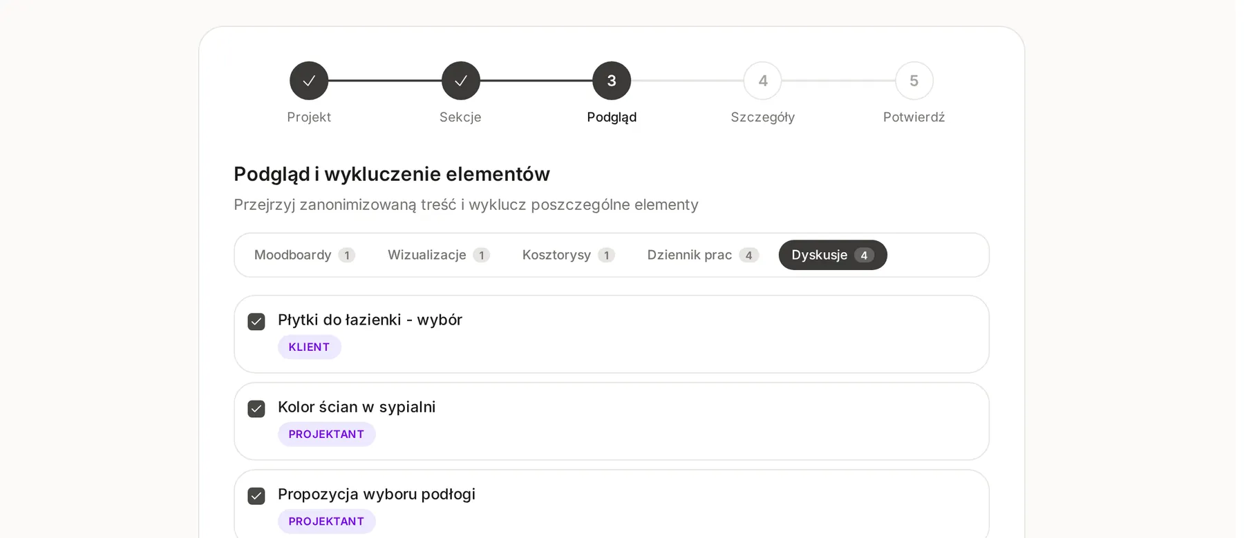 Krok Podgląd z zakładkami sekcji i listą dyskusji z polami wyboru oraz etykietami autorów Klient i Projektant