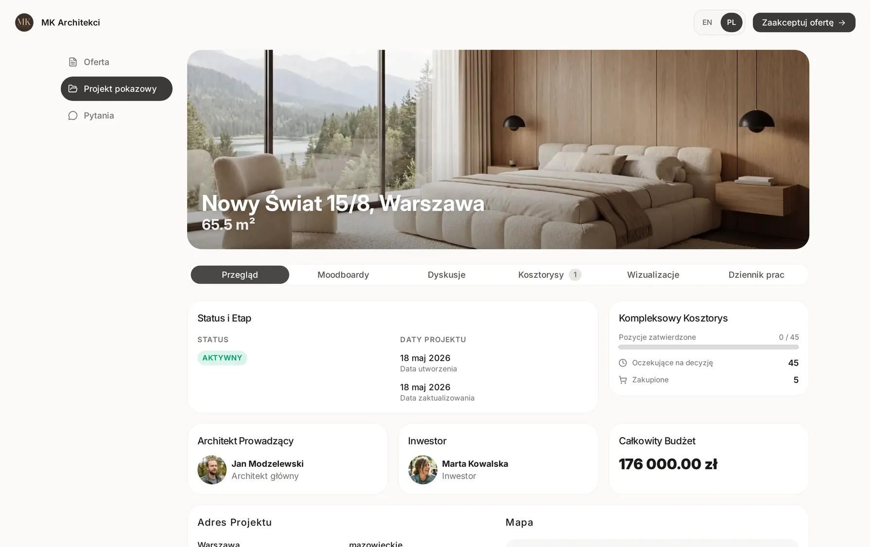 Oferta oczami klienta: zakładka Projekt pokazowy z tytułem i powierzchnią na zdjęciu, zakładkami Przegląd, Moodboardy, Dyskusje, Kosztorysy, Wizualizacje, Dziennik prac i kartami przeglądu