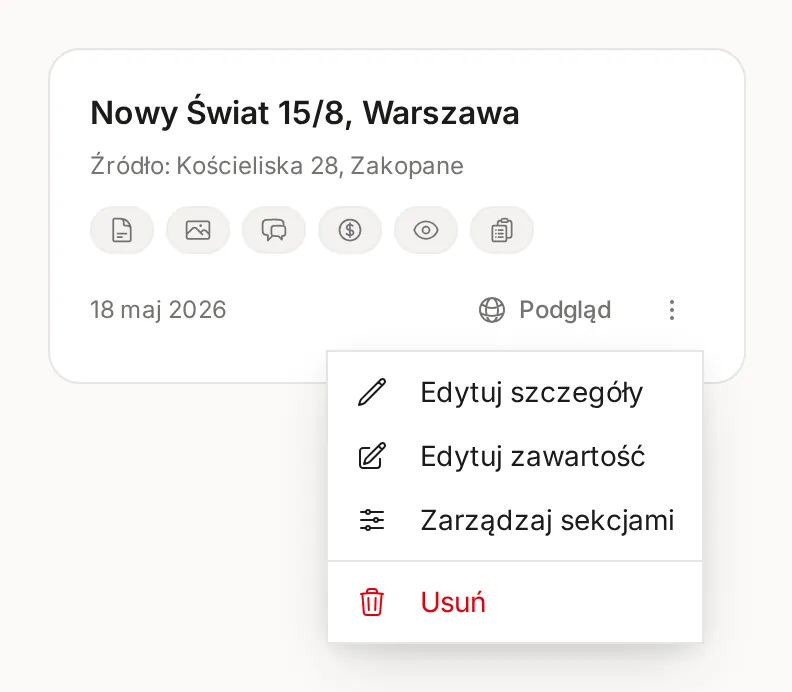 Menu karty projektu pokazowego z poleceniami Edytuj szczegóły, Edytuj zawartość, Zarządzaj sekcjami i Usuń
