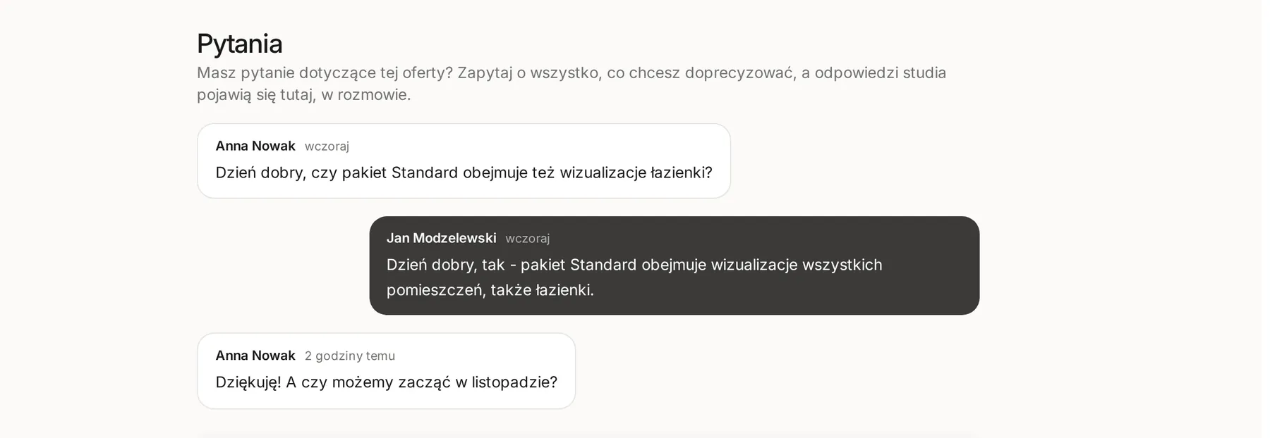 Zakładka Pytania w ofercie oczami klienta z pytaniem Anny Nowak, odpowiedzią Jana Modzelewskiego i kolejnym pytaniem