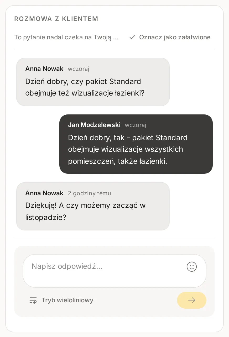 Sekcja Rozmowa z klientem w panelu szczegółów oferty z informacją To pytanie nadal czeka na Twoją odpowiedź, przyciskiem Oznacz jako załatwione, trzema wiadomościami i polem odpowiedzi