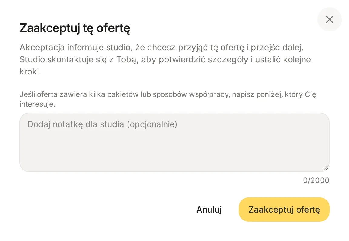 Okno Zaakceptuj tę ofertę z polem na notatkę dla studia i przyciskami Anuluj oraz Zaakceptuj ofertę