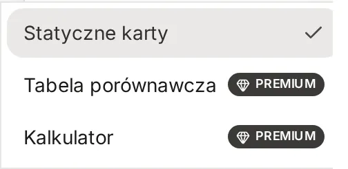 Lista opcji pola Wyświetlanie bloku Pakiety cenowe: Statyczne karty oraz Tabela porównawcza i Kalkulator z oznaczeniem Premium