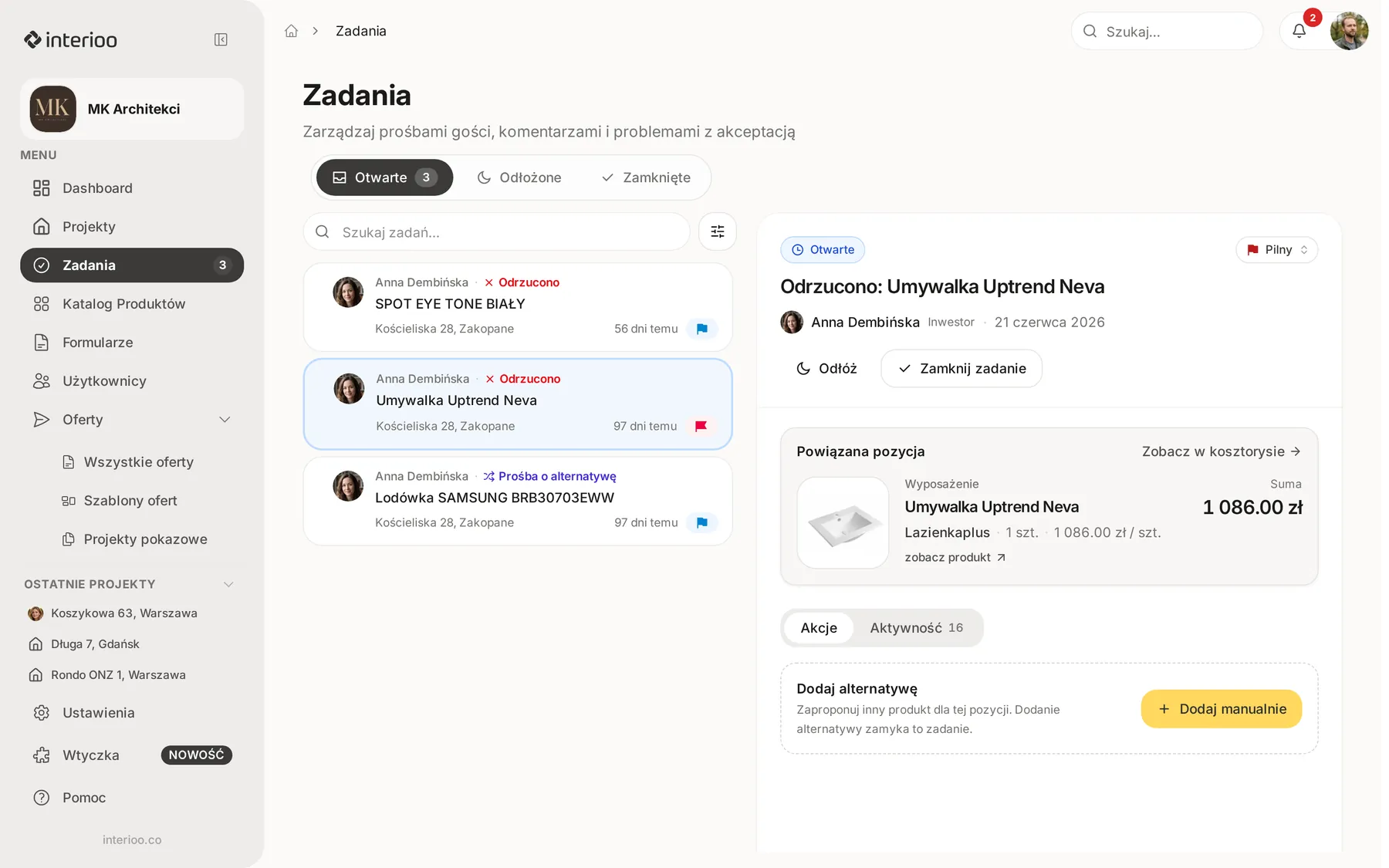 Strona Zadania z listą otwartych zadań od inwestora i szczegółami zaznaczonego zadania Odrzucono: Umywalka Uptrend Neva z przyciskami Odłóż i Zamknij zadanie