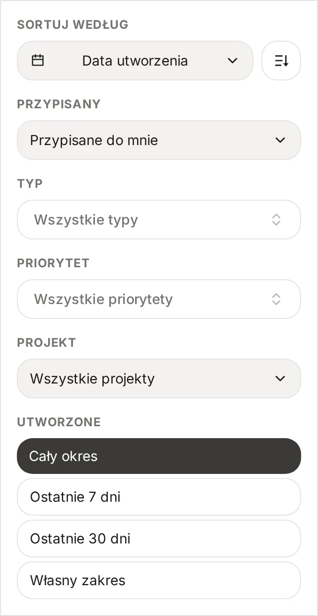 Panel filtrów zadań z polami Sortuj według, Przypisany, Typ, Priorytet, Projekt i Utworzone