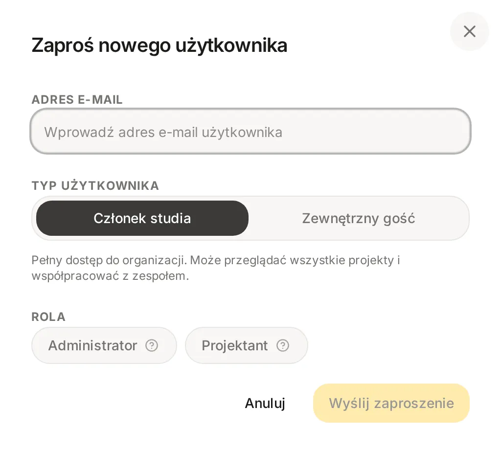 Okno Zaproś nowego użytkownika z wybranym typem Członek studia i rolami Administrator oraz Projektant