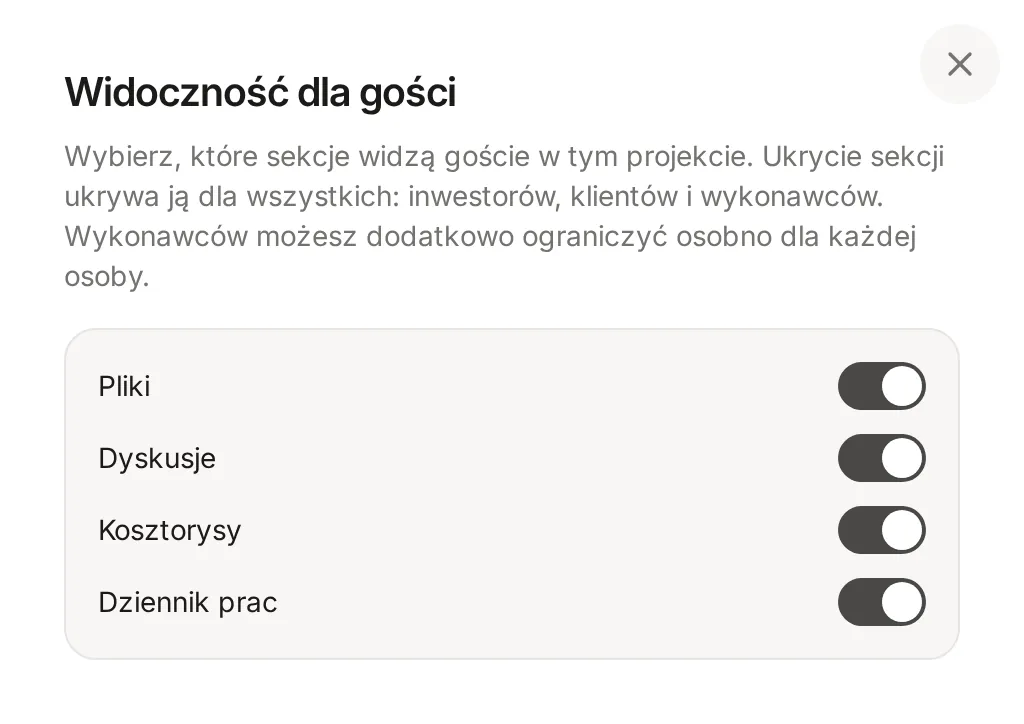 Okno Widoczność dla gości z czterema przełącznikami: Pliki, Dyskusje, Kosztorysy, Dziennik prac