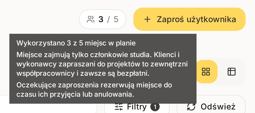 Licznik miejsc 3 / 5 obok przycisku Zaproś użytkownika z podpowiedzią: miejsce zajmują tylko członkowie studia, a oczekujące zaproszenia rezerwują miejsce
